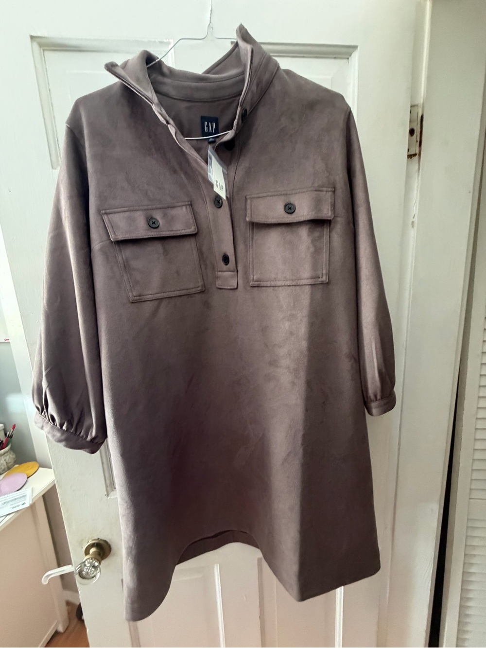 GAP Taupe Suede-Look Mock Neck Pullover Hoodie Dress